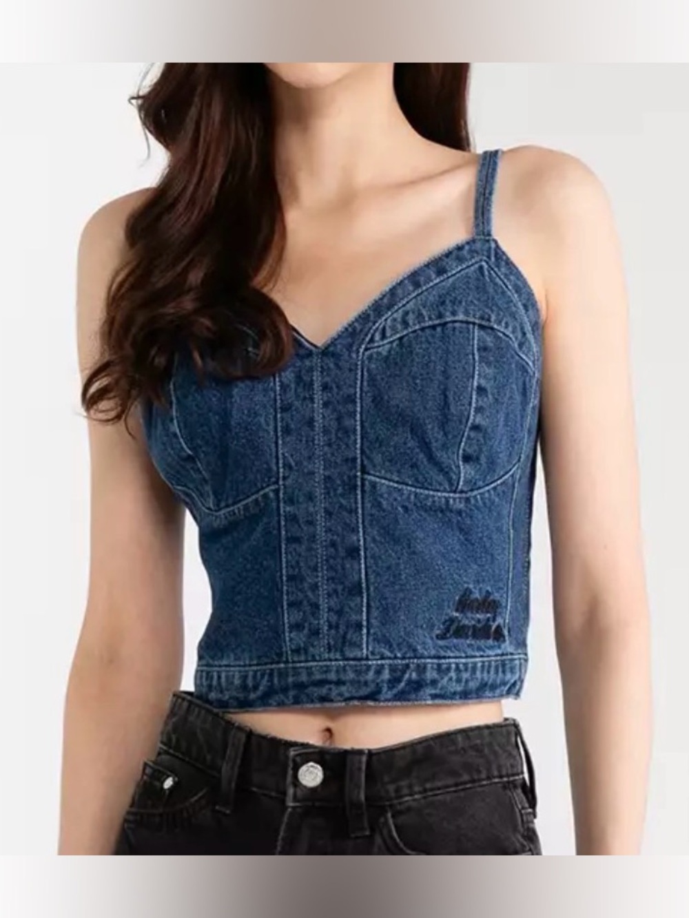 Vintage Harley‑Davidson Women's Dark Blue Denim Bustier Crop Top